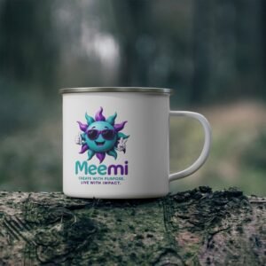 Meemi Sun Logo Enamel Camping Mug — Create With Purpose, Live With Impact