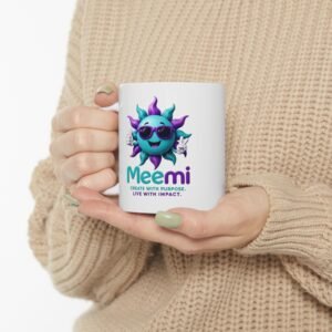 Memi Sun Character Ceramic Mug — Cute Teal & Purple Mascot Coffee Cup (11oz/15oz)