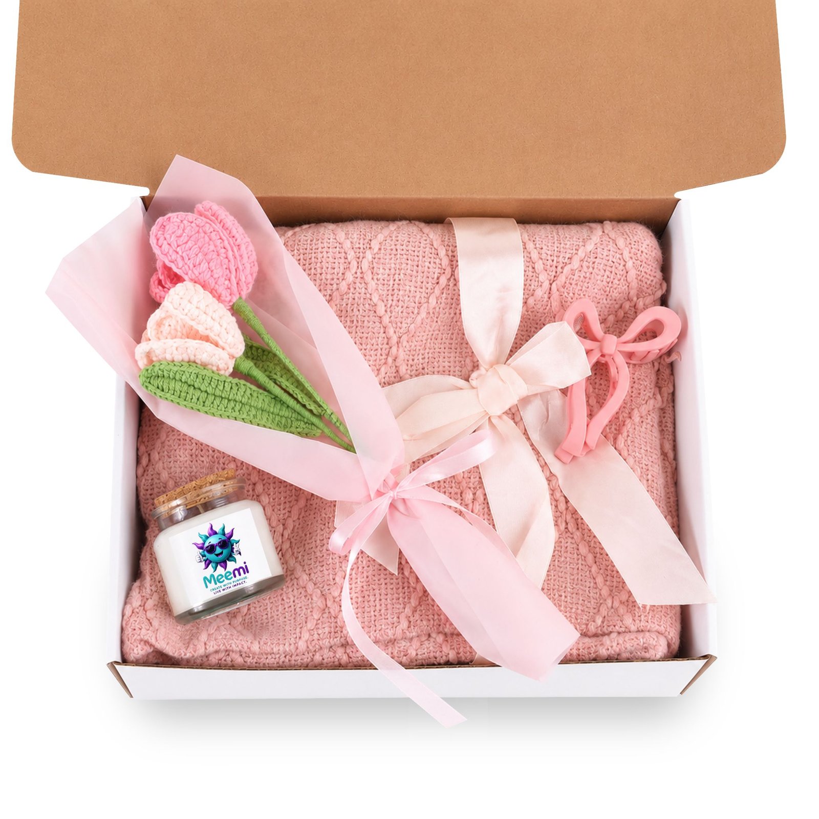 Blush & Bloom Gift Set — Cozy Pink Blanket, Soy Candle & Crochet Bouquet - Image 2